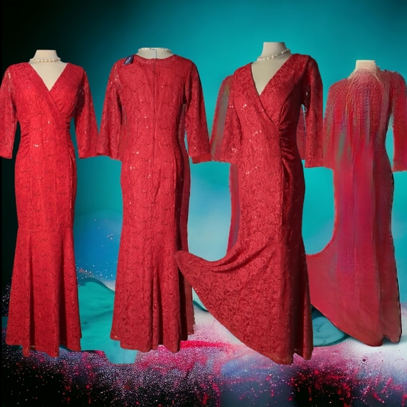 *New* EUREKA USA Luxury Red Lace Sparkling Maxi Dress Size XL - Picture 11 of 16